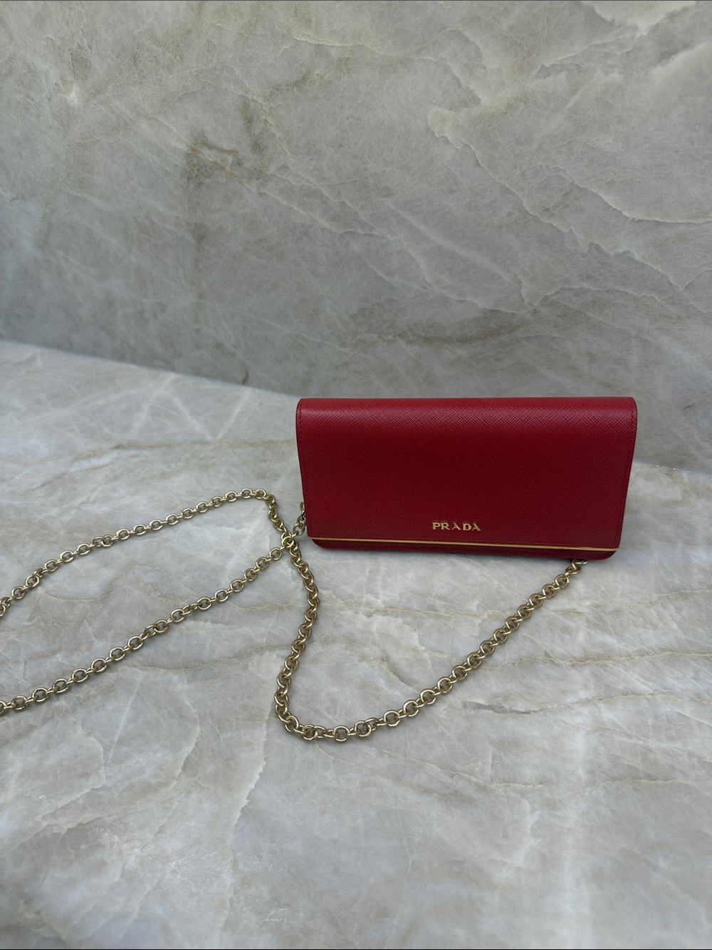 Prada Red Saffiano Leather Chain Wallet